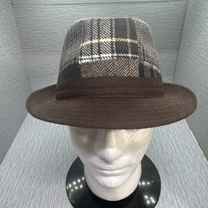 Patchwork Wool Fedora Hat Brown‎ Plaid Retro Vintage Style Italy Made Size M